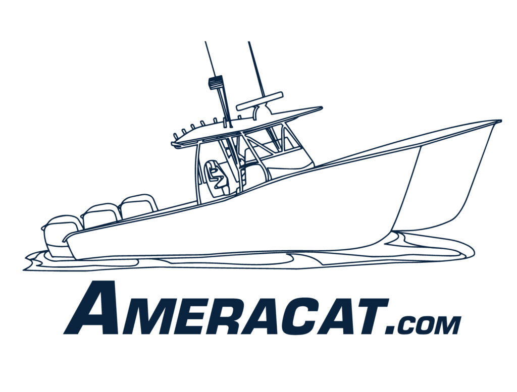 Line drawing of a speedboat on water with a center console and the text Ameracat.com beneath it.